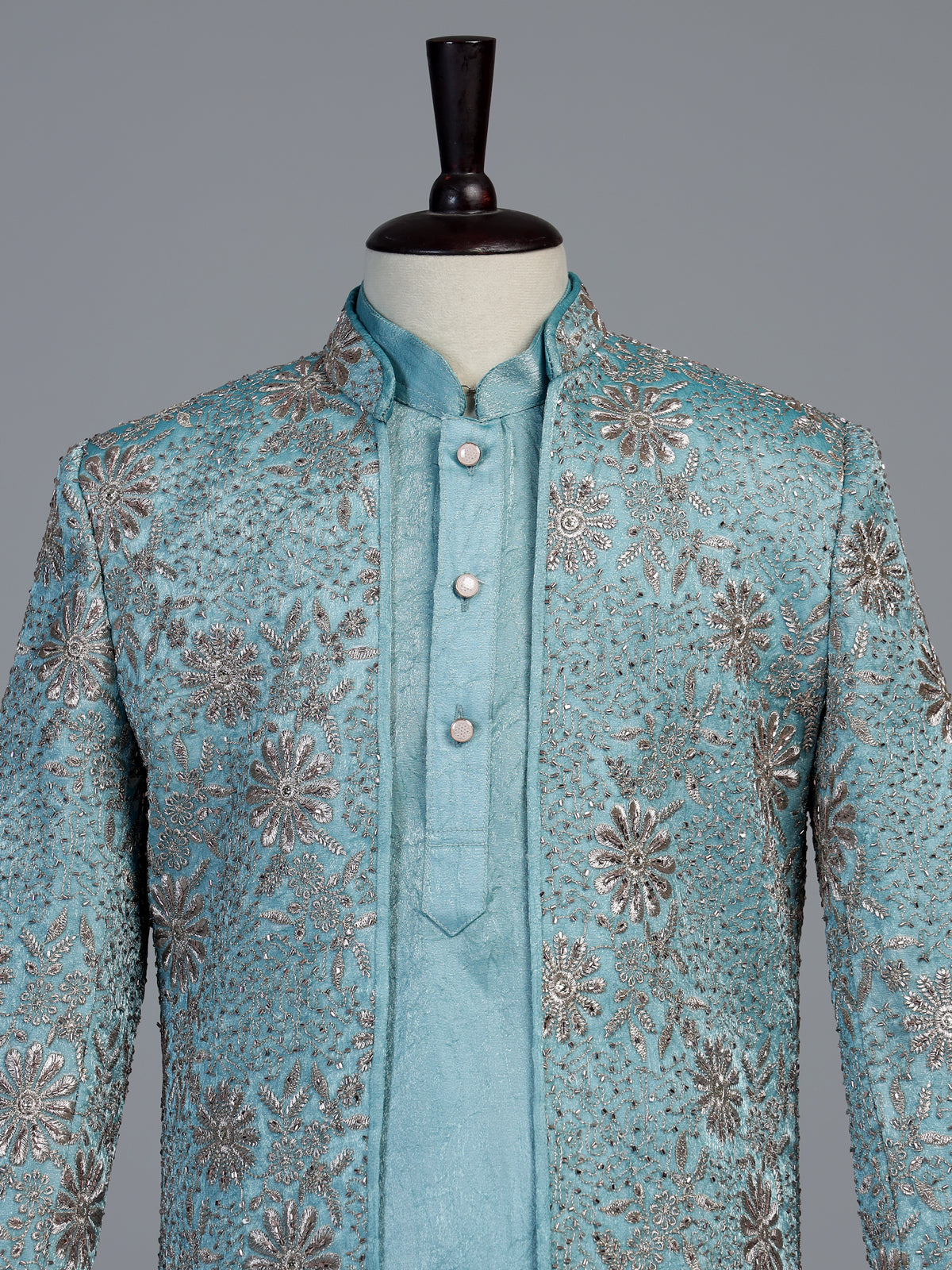 Blue embroidered dupioni silk indo western