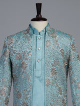 Blue embroidered dupioni silk indo western
