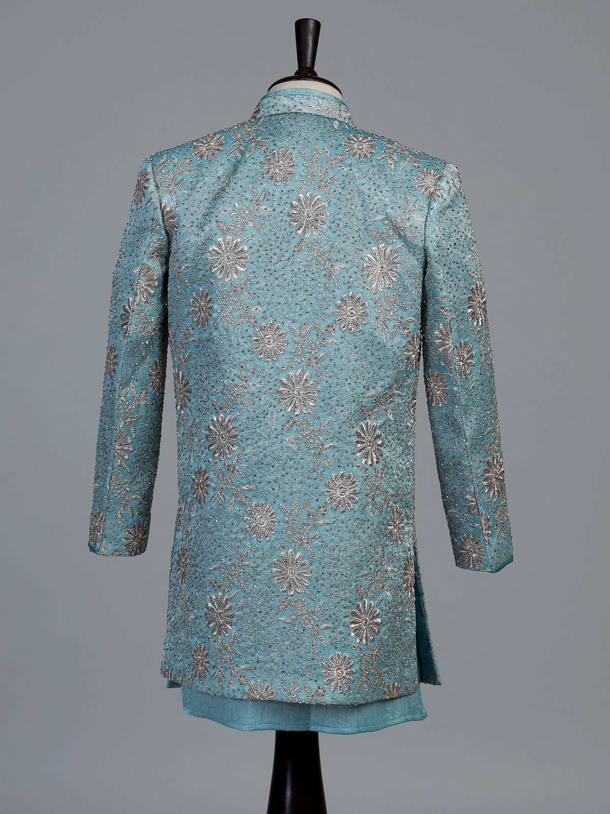 Blue embroidered dupioni silk indo western
