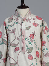 Natural ivory lotus printed linen kurta suit