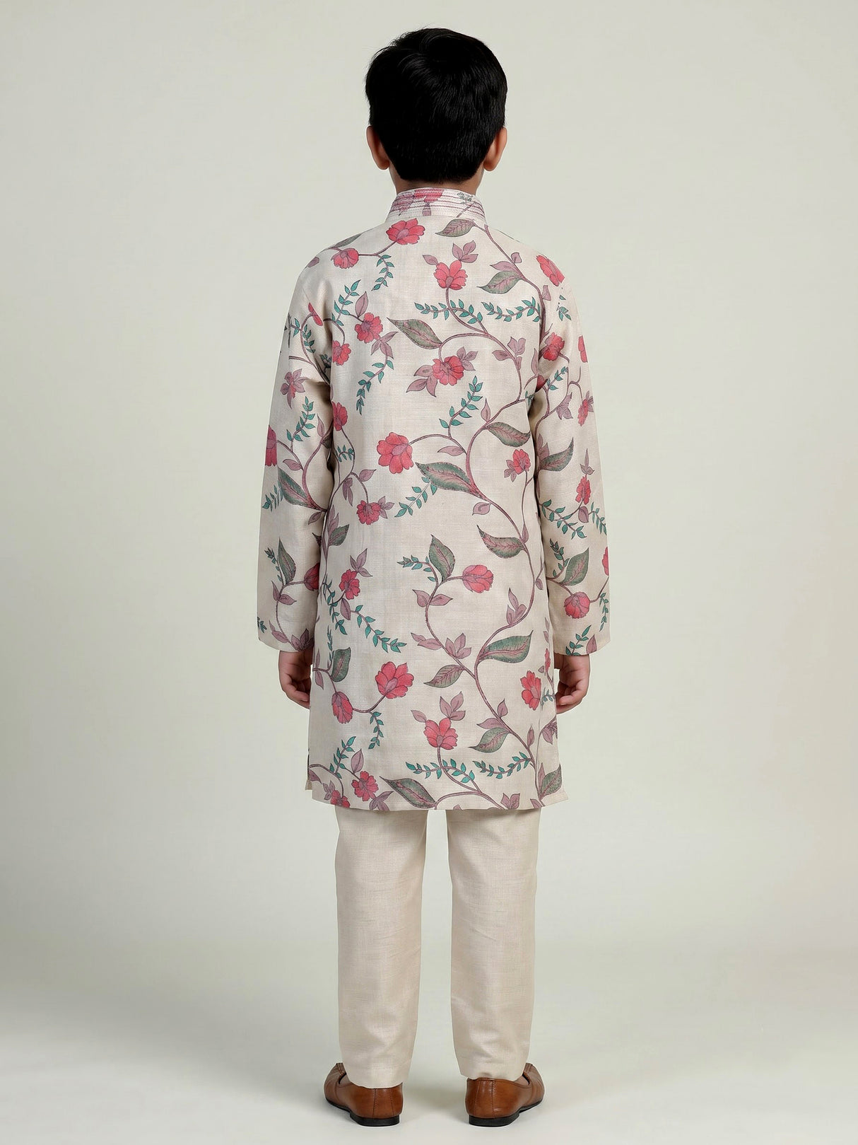 Natural ivory lotus printed linen kurta suit