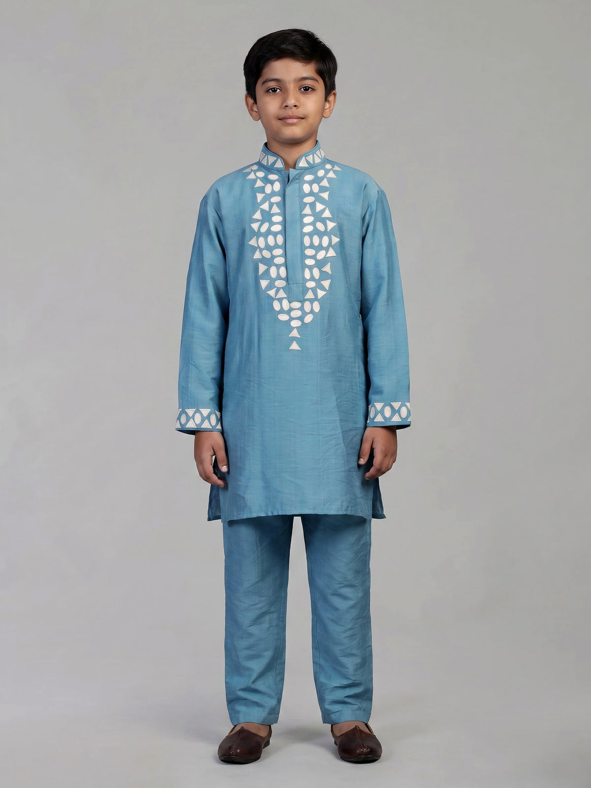 Cerulean blue geometric linen kurta suit