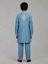 Cerulean blue geometric linen kurta suit