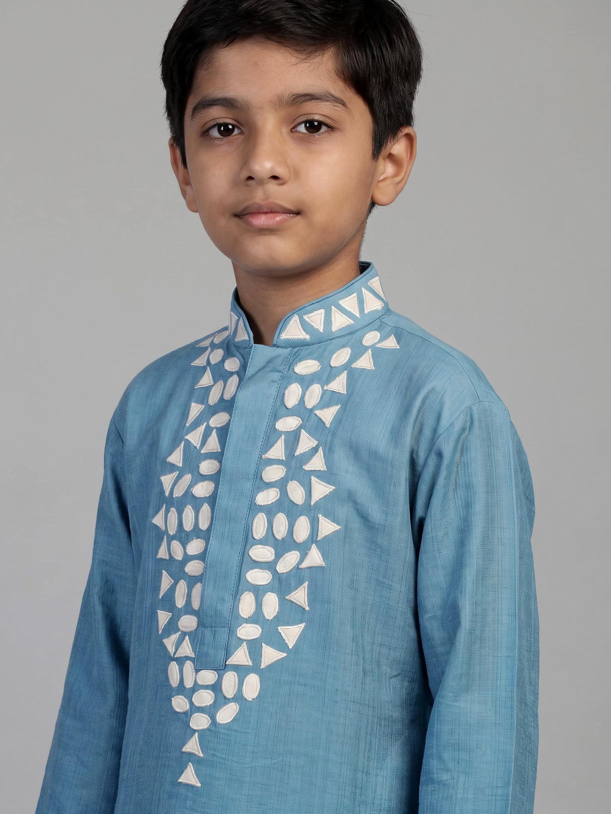 Cerulean blue geometric linen kurta suit