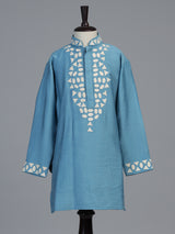 Cerulean blue geometric linen kurta suit