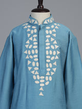 Cerulean blue geometric linen kurta suit