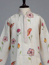 Off white floral printed linen kurta suit