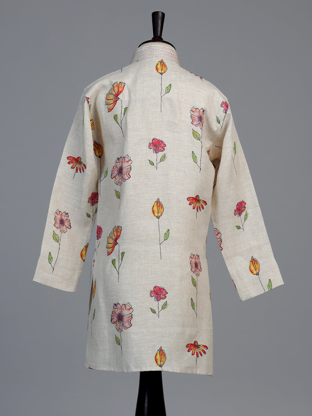 Off white floral printed linen kurta suit
