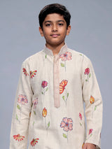 Off white floral printed linen kurta suit
