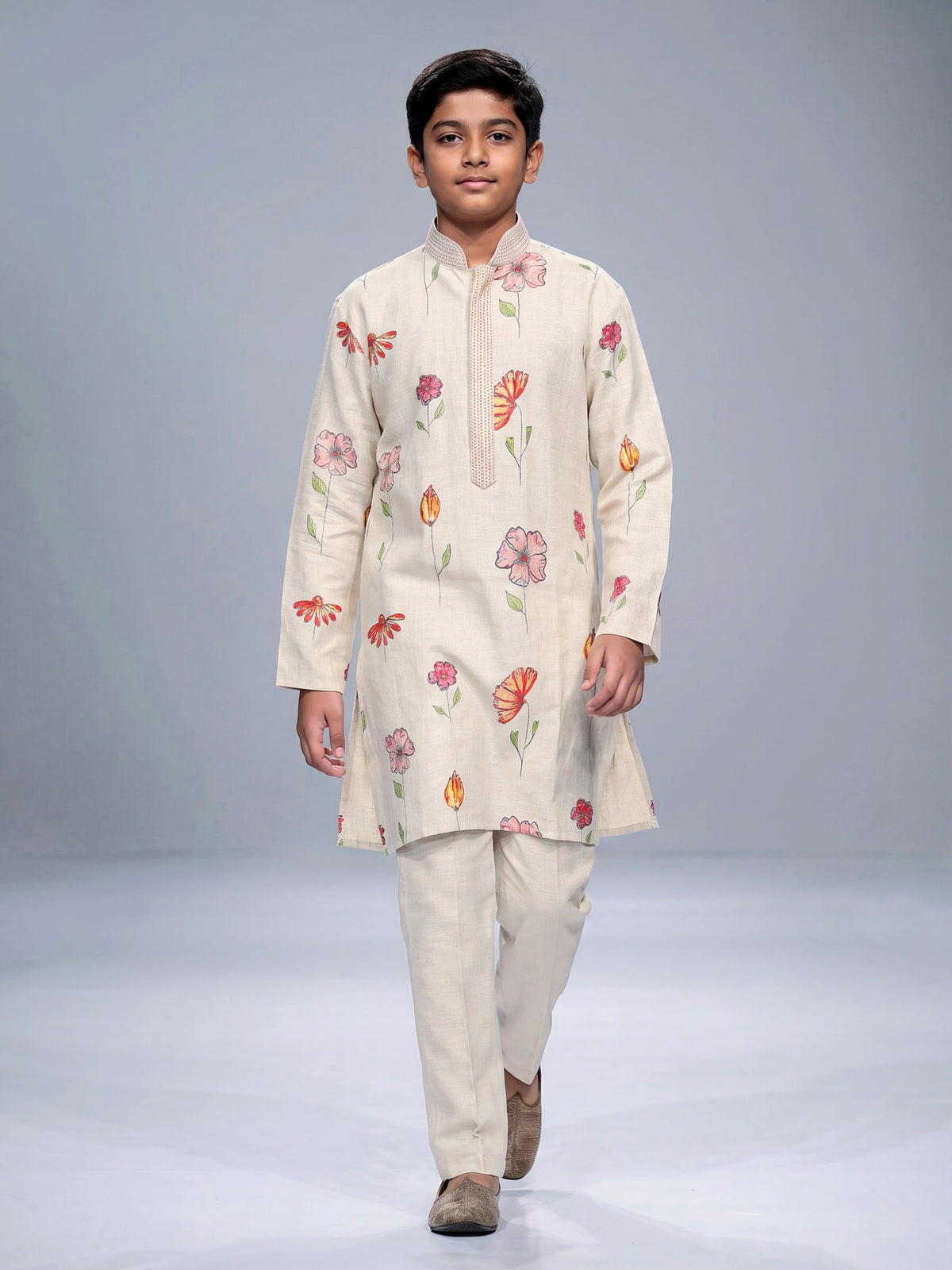 Off white floral printed linen kurta suit