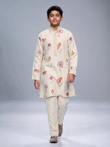 Off white floral printed linen kurta suit
