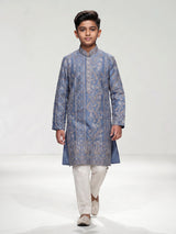 Pastel slate blue botanical dupioni kurta suit