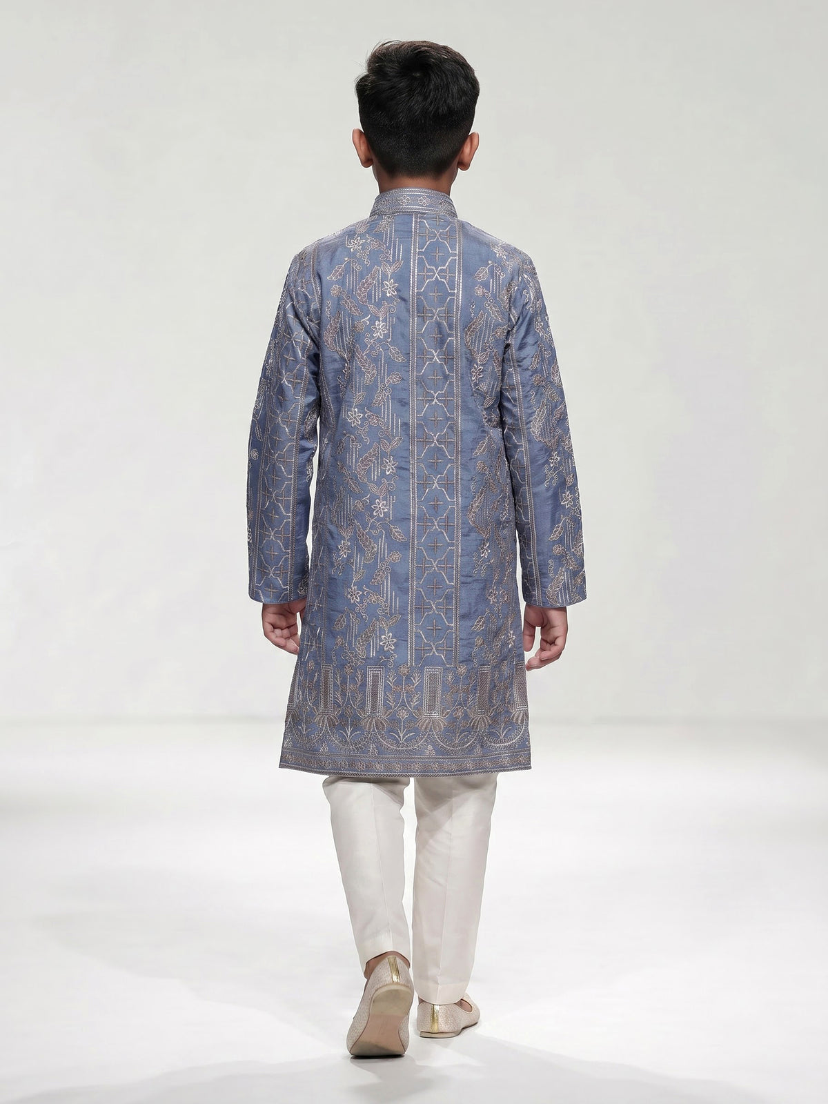Pastel slate blue botanical dupioni kurta suit