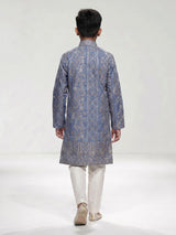 Pastel slate blue botanical dupioni kurta suit