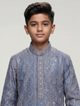 Pastel slate blue botanical dupioni kurta suit