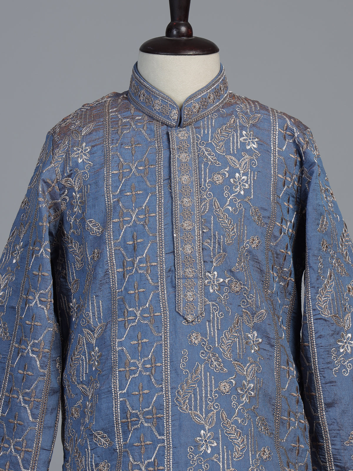 Pastel slate blue botanical dupioni kurta suit
