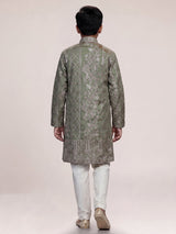 Sage olive botanical embroidered dupioni kurta suit
