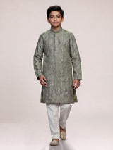 Sage olive botanical embroidered dupioni kurta suit