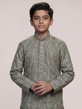 Sage olive botanical embroidered dupioni kurta suit