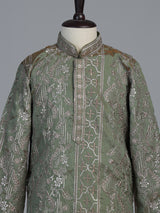 Sage olive botanical embroidered dupioni kurta suit