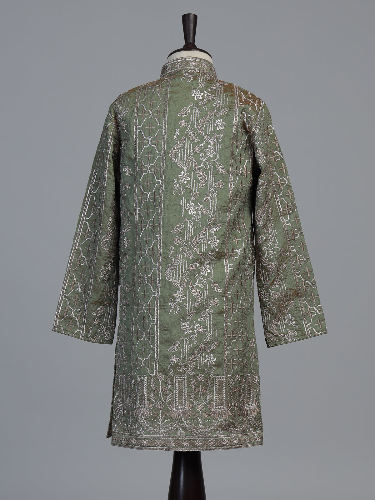 Sage olive botanical embroidered dupioni kurta suit