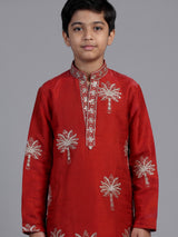 Crimson red palm motif dupioni kurta suit