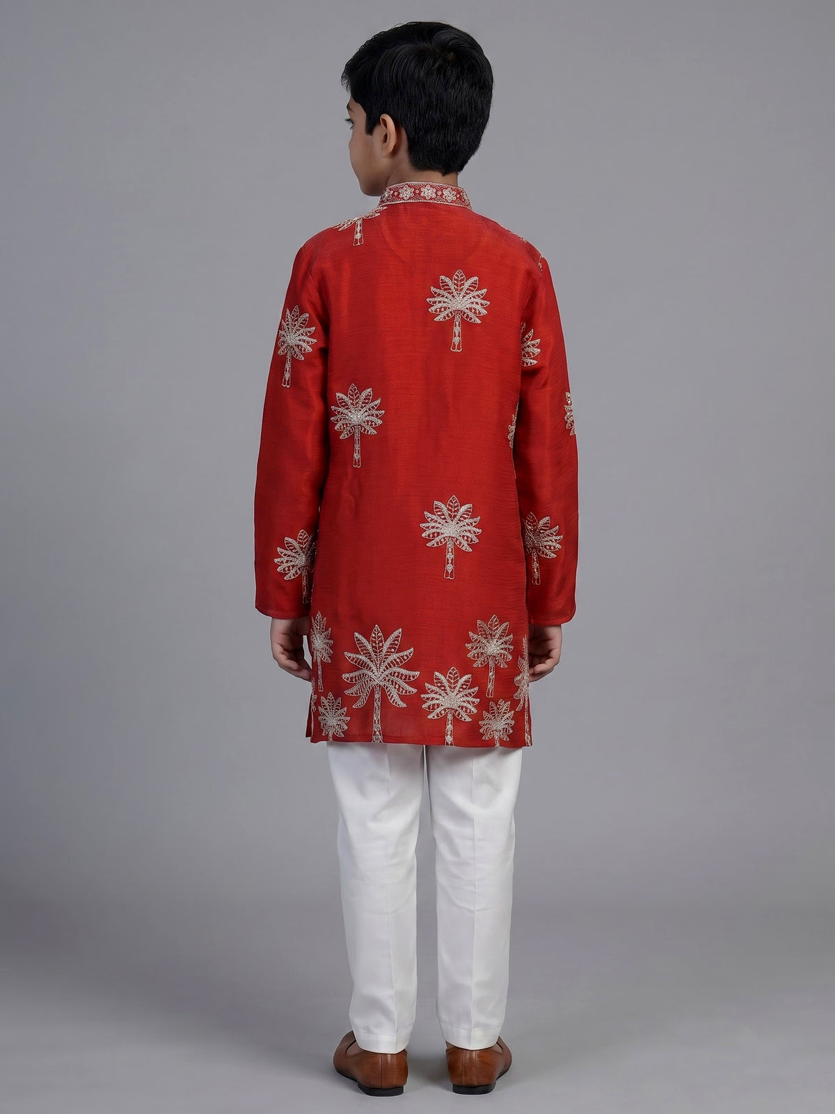 Crimson red palm motif dupioni kurta suit