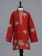 Crimson red palm motif dupioni kurta suit