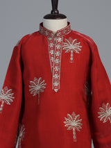 Crimson red palm motif dupioni kurta suit