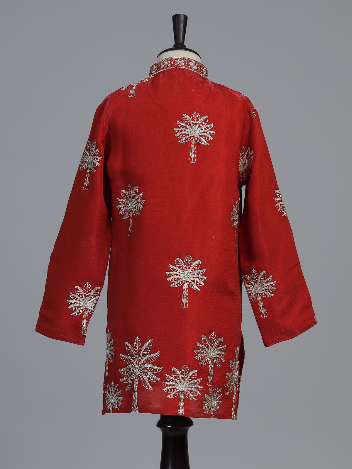 Crimson red palm motif dupioni kurta suit