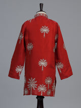 Crimson red palm motif dupioni kurta suit