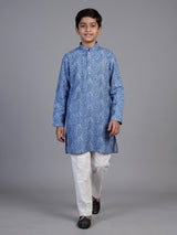 Indigo blue traditional printed linen kurta suit