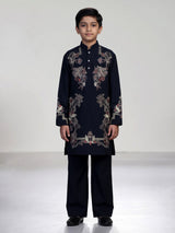 Navy blue floral embroidered dupioni kurta suit
