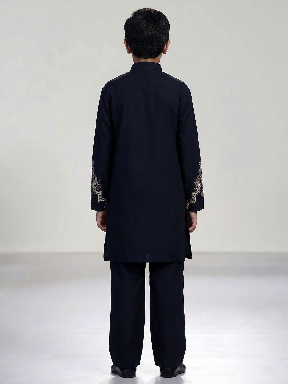 Navy blue floral embroidered dupioni kurta suit