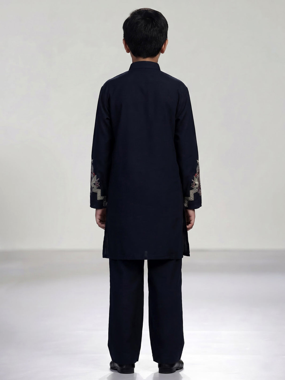 Navy blue floral embroidered dupioni kurta suit