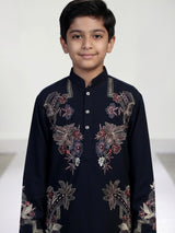 Navy blue floral embroidered dupioni kurta suit