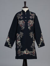 Navy blue floral embroidered dupioni kurta suit
