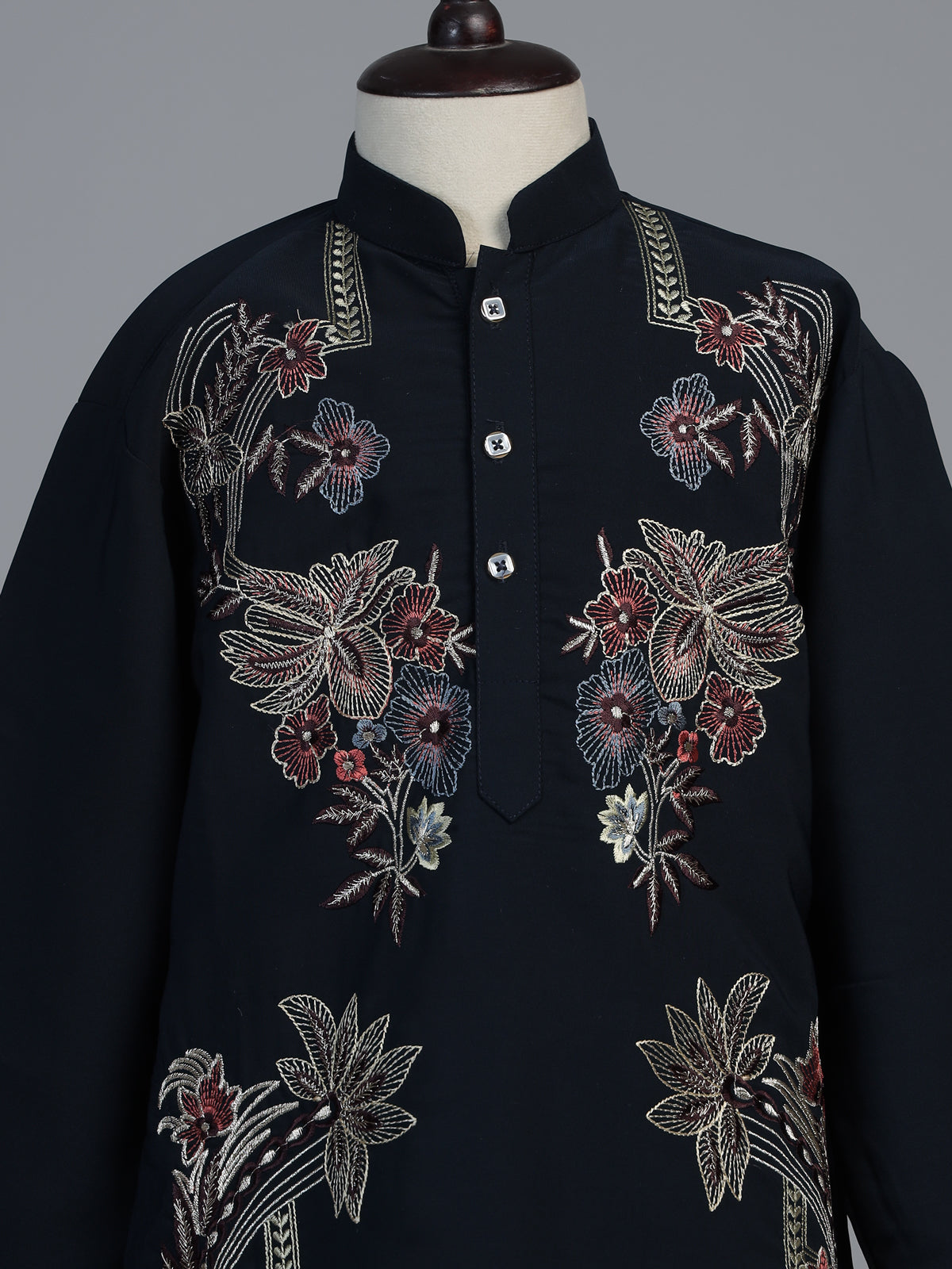 Navy blue floral embroidered dupioni kurta suit