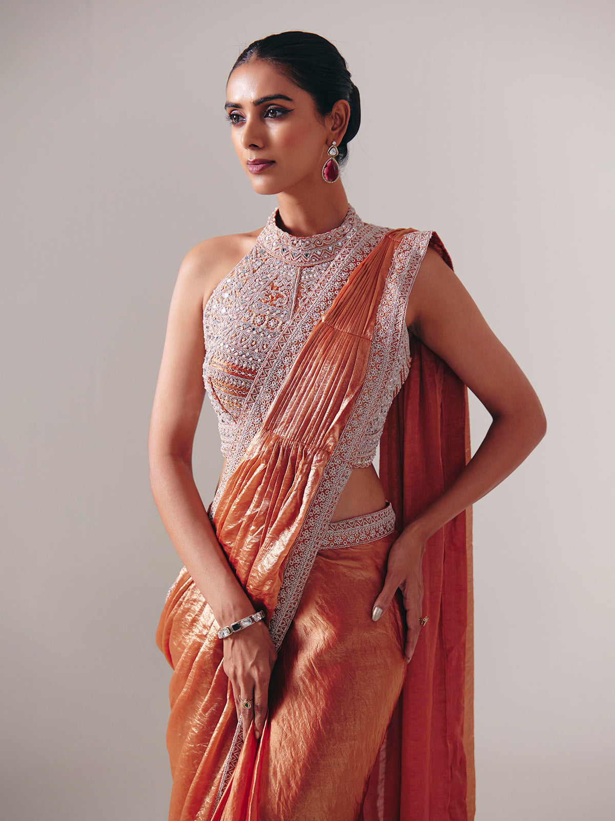 Orange chiffon silk ready to wear saree for reception