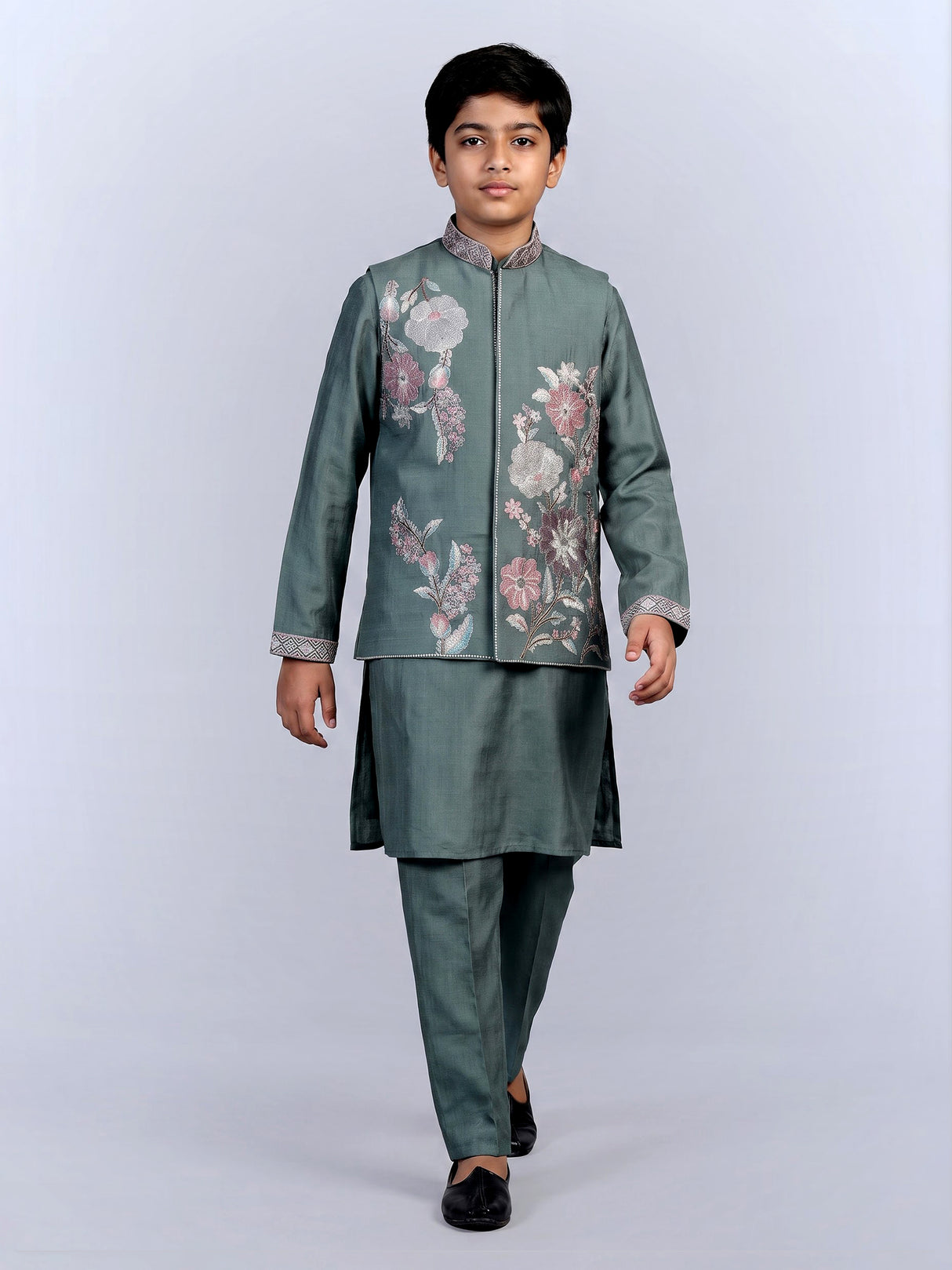 Sage green geometric linen silk waistcoat set