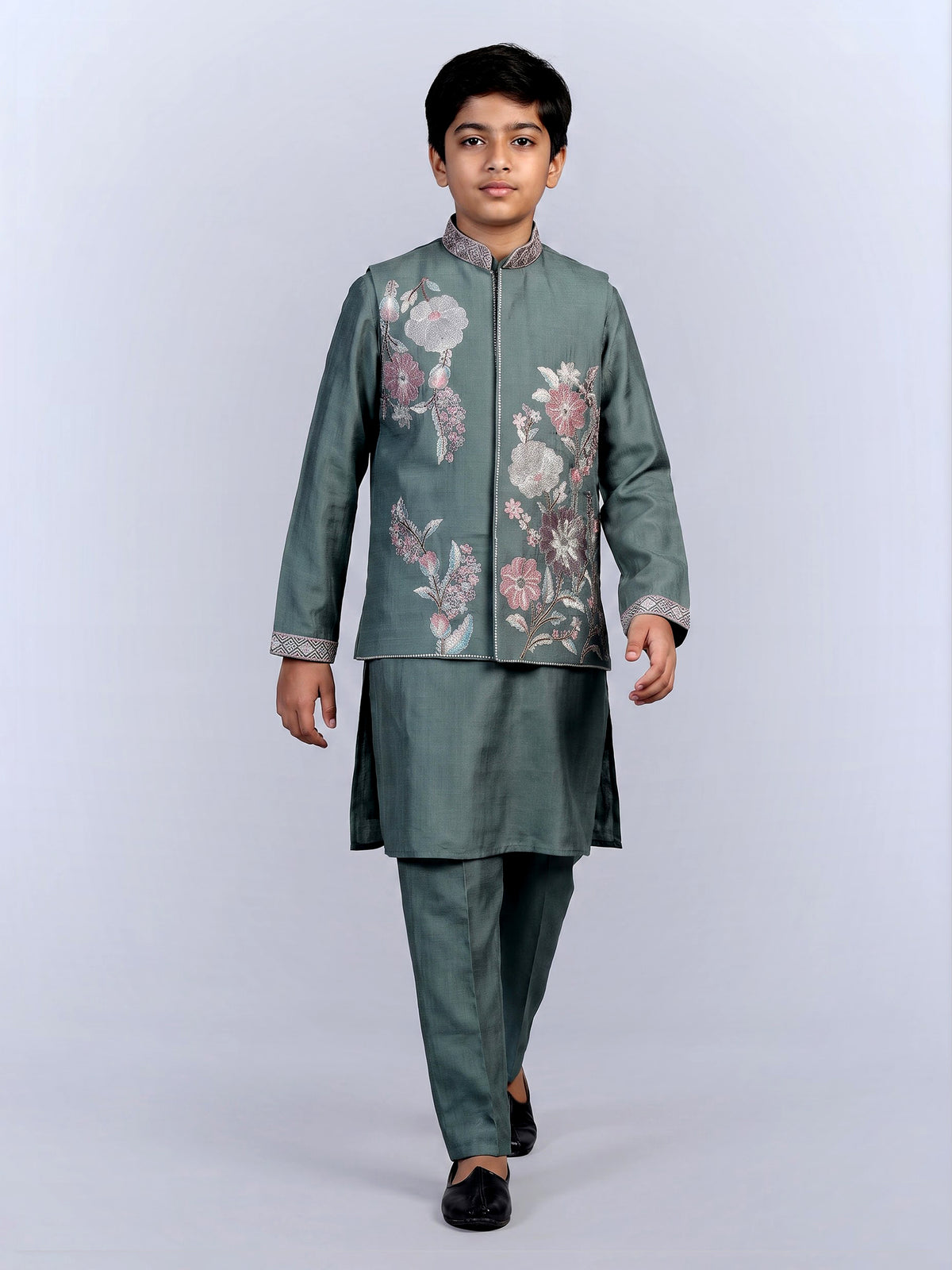 Sage green geometric linen silk waistcoat set