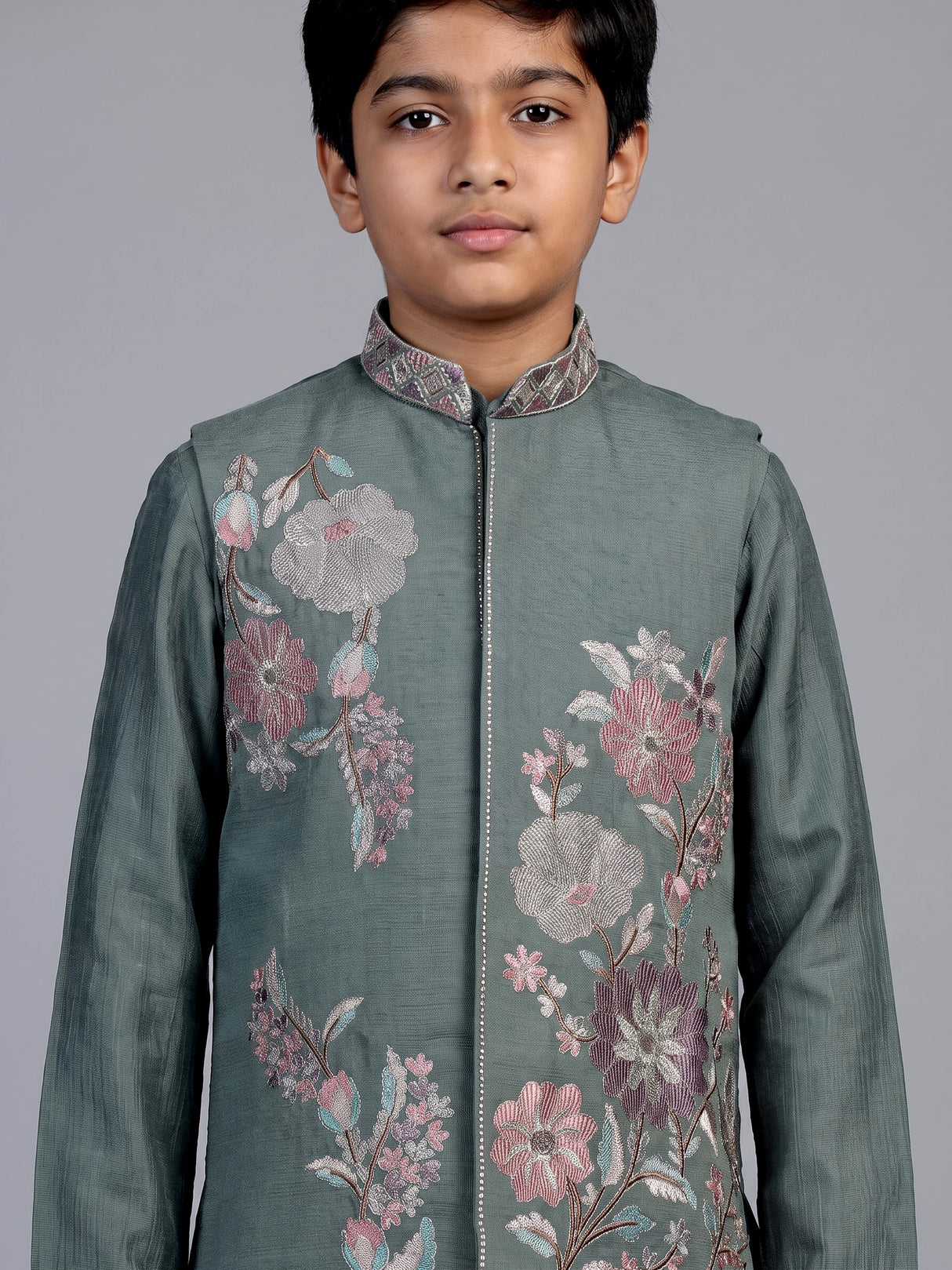 Sage green geometric linen silk waistcoat set