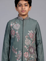 Sage green geometric linen silk waistcoat set