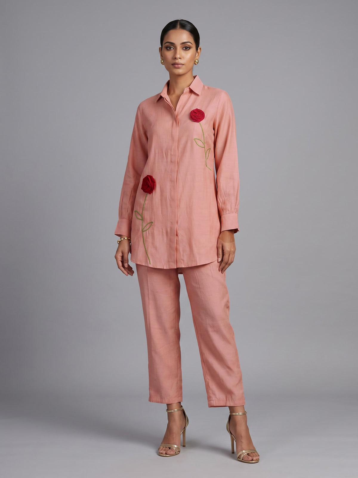 Elegant aqua blue linen co ord set with delicate threadwork