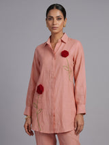 Elegant aqua blue linen co ord set with delicate threadwork
