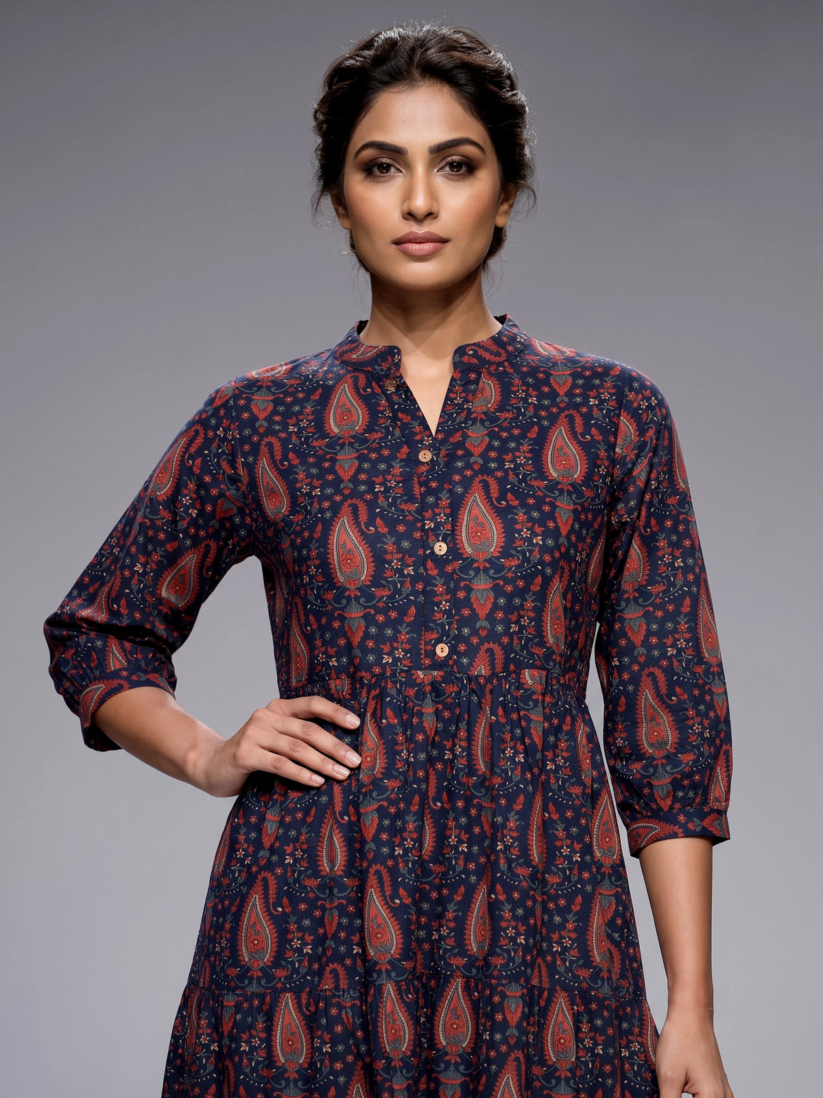 Navy cotton silk printed kurti with refined stand collar