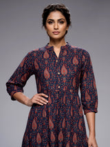 Navy cotton silk printed kurti with refined stand collar