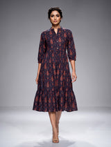 Navy cotton silk printed kurti with refined stand collar