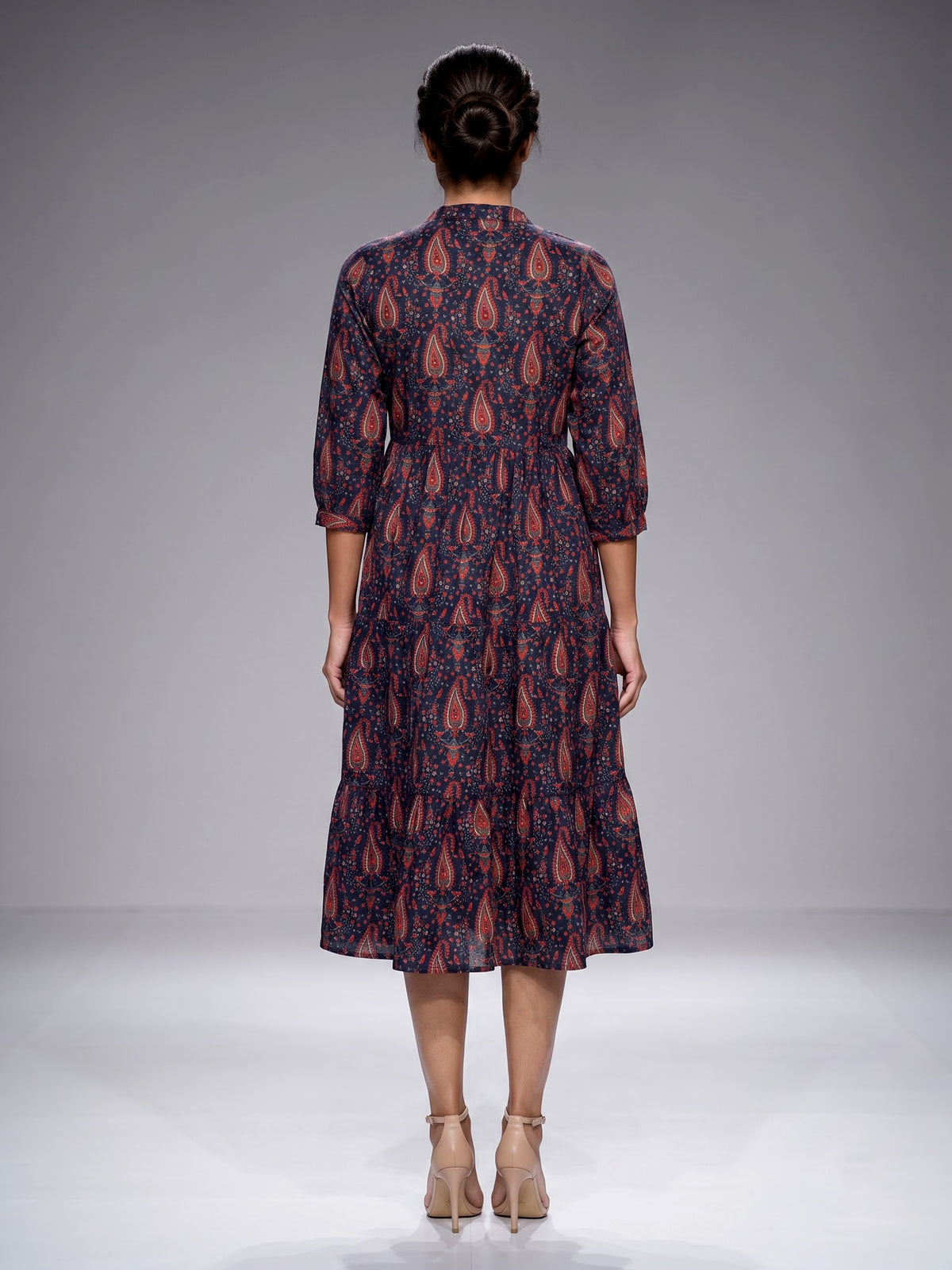 Navy cotton silk printed kurti with refined stand collar