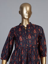 Navy cotton silk printed kurti with refined stand collar